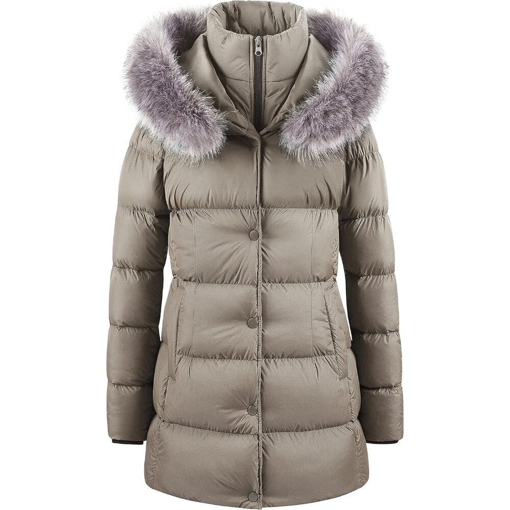 Women's Khaki Long Snow Puffer Jacket Coat Removable Faux Fur Trim Winter Warm
